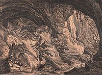 Дикие кошки в пещере (офорт, Германия, первая половина XVIII века)