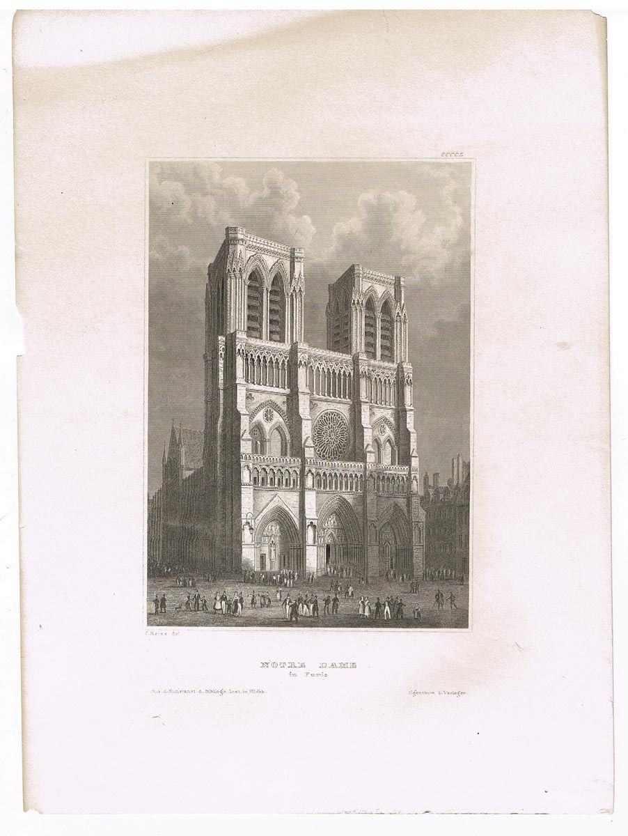 Собор Парижской Богоматери (Нотр-Дам) в Париже (Notre Dame in Paris).  Гравюра, офорт. Германия, 1840-1850 гг