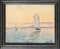 Рисунок в раме "Парусники". Бумага, акварель. СССР, 1948 год