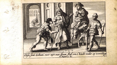 Гравюра Питер Схют Ветхий Завет. Елисей передаёт жезл Гиезию. Резцовая офорт. Нидерланды, Амстердам, 1659 год