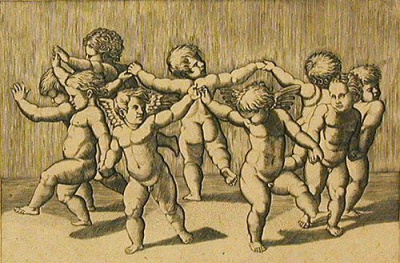 Танцующие амуры. Гравюра (начало XVI века), Италия