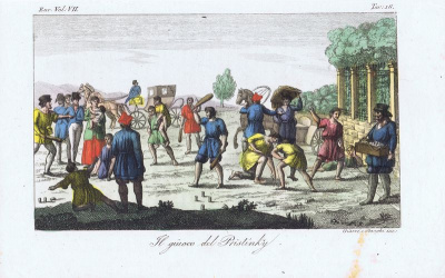 Гравюра старинная с раскраской "Игра пристенок". Италия, 1820-1830 гг.