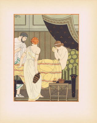 Медицина Гиппократа. Утоление жажды больной. Литография, пошуар (ар-деко). Франция, 1933 год
