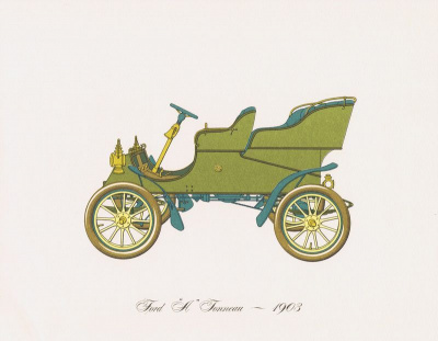 Гравюра Clarence Hornung Ford A Tonneau 1903 года. Автомобиль Форд А. Литография. США, Нью-Йорк, 1965 год