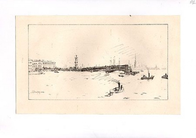 Постройка Дворцового моста. Автолитография. СССР, 1922 год