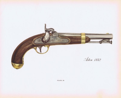 Однозарядный пистолет "Aston" 1842 года. Офсетная литография. Нью-Йорк, США, 1957 год