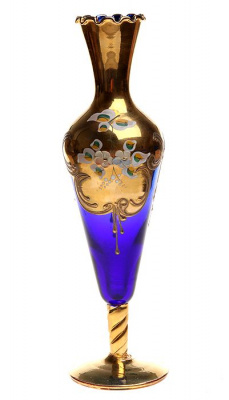 Murano! Ваза "Цветы на золотой эмали". Муранское стекло синего цвета, золочение, цветные эмали, ручная работа. Высота 26 см. Murano, Италия (Венеция), 1940-е гг.