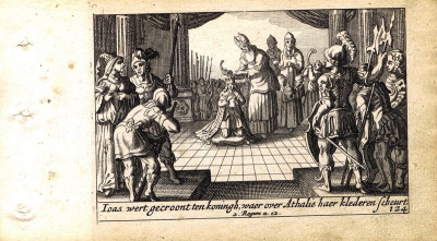 Гравюра Питер Схют Ветхий Завет. Помазание Иоаса на царство. Резцовая офорт. Нидерланды, Амстердам, 1659 год
