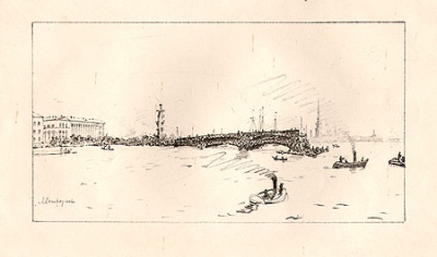 Постройка Дворцового моста. Автолитография. СССР, 1922 год