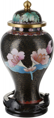 Ваза с крышкой "Бабочка в цветах". Латунь, эмаль клуазоне, дерево. Китай, 1940-е гг.