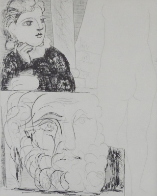Наклонившаяся женщина, скульптура и бородатая голова (Femme accoudee, Sculpture de Dos et Tete barbue), № 184. Пабло Пикассо. Сюита Воллара. Литография. Испания, 1956 год