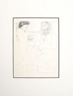 Скульптор и стоящая модель. Литография Пабло Пикассо (1956 год), Испания