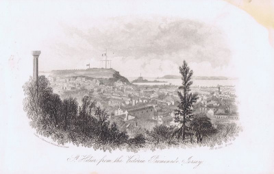 Гравюра Джон Харвуд Остров Джерси. Вид на город Сент-Хелиер со стороны променада Виктории. Офорт. Англия, Лондон, 1855 год