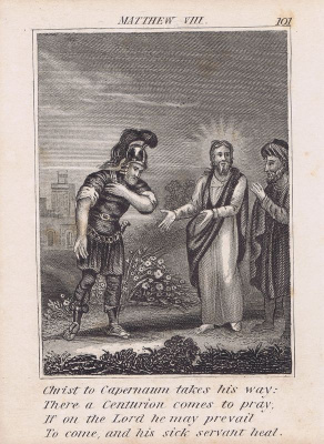 Библия. Исцеление парализованного слуги сотника. Офорт. Англия, Лондон, ок. 1850 года