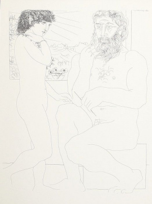 Скульптор и стоящая модель. Литография Пабло Пикассо (1956 год), Испания