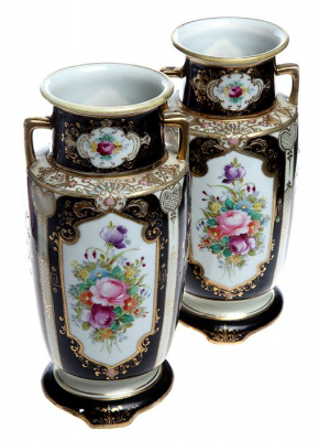 Ценный Noritake эпохи Мейдзи! Вазы парные интерьерные. Фарфор, рельефная ручная роспись, золочение. Noritake, Япония, начало ХХ века