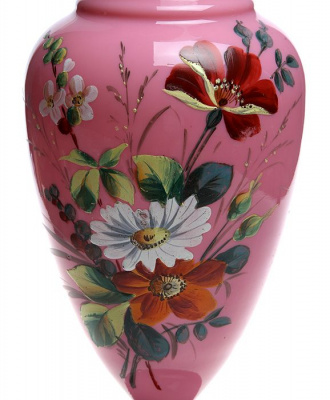Bristol glass! Ваза "Летний букет" интерьерная викторианской эпохи. Опаловое бристольское стекло (Bristol glass) розового цвета, цветные эмали, ручная работа. Высота 31 см. Бристоль, Великобритания, начало XX века