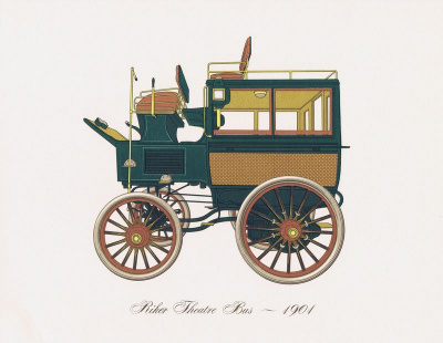 Гравюра Clarence Hornung Автомобиль Riker Theatre Bus 1901 года. Театральный автобус Райкера. Литография. США, Нью-Йорк, 1965 год