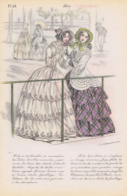 Французская дамская мода 1850 г. Чёрное платье из тафты и муслина с двойной юбкой, дамский редингот. Платья для прогулок с тремя воланами. Двухсторонняя литография. Франция, Париж, 1875 год