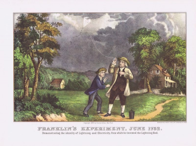 Эксперимент Франклина в июне 1752 года, демонстрирующий индентичность молнии и электричества, вследствие которого он изобрел молниеотвод. Офсетная литография. США, Нью-Йорк, 1955 год