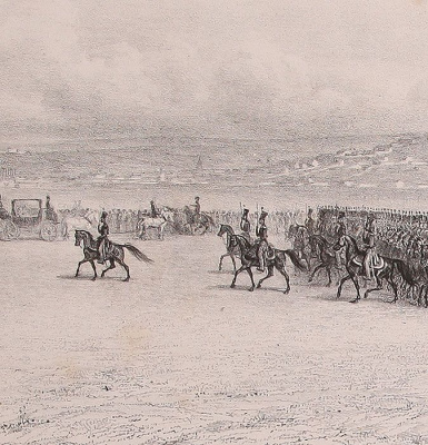 Парад артиллерии. Вознесенский лагерь. Литография. Франция, 1844 год