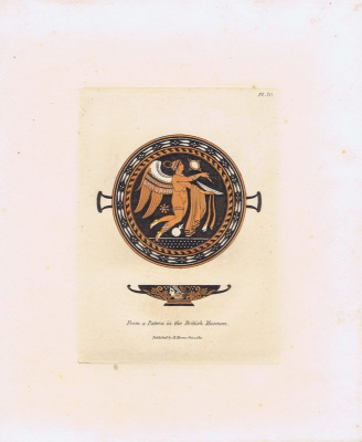 Древняя (античная) патера из Британского музея. Орнамент. Офорт, ручная раскраска. Англия, Лондон, 1838 год