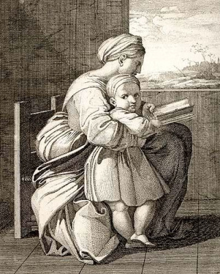Женщина, читающая ребенку книгу. Гравюра (конец XVIII - начало XIX века)