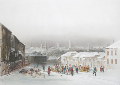 Вид на Вязьму с улицы Смоленской. Цветная литография. Франция, 1840 год