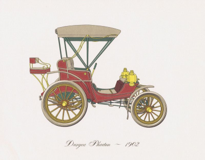 Гравюра Clarence Hornung Автомобиль Duryea Phaeton 1902 года. Фаэтон Дюрье. Литография. США, Нью-Йорк, 1965 год