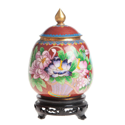 Ваза интерьерная с крышкой на резной подставке, латунь, эмаль клуазоне. Китай, 1940-е годы