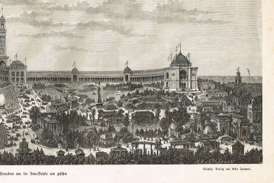 Парижская всемирная выставка 1878 года. Здания и площадки на Трокадеро, вид с моста. Гравюра. Германия, 1878 год