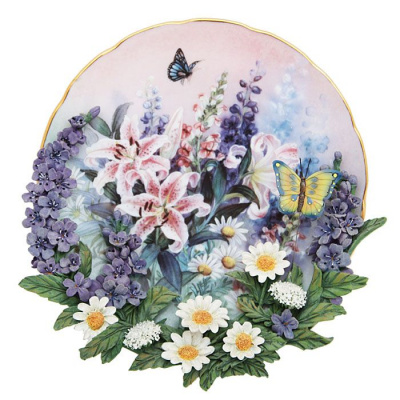 Лена Лю "Цветочная мозаика", декоративная тарелка с объемной лепкой. Фарфор, деколь, золочение, ручная роспись. The Bradford Exchange, США, 2000 год