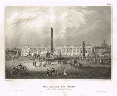 Обелиск Луксора на Площади Согласия в Париже. Офорт, гравюра. Германия, 1847 год