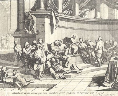 "Stupebant autem omnes qui cum audiebant super prudentia et responsis eins" (гравюра, Фландрия, конец XVII века)