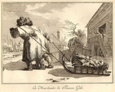 Жан-Батист Лепренс. Русские торговцы рыбой. Гравюра. Франция, 1764 год