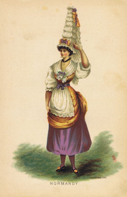 Гравюра Э. Мейерштайн Маскарадный (карнавальный) костюм Нормандия. Хромолитография. Англия, Лондон, 1884 год