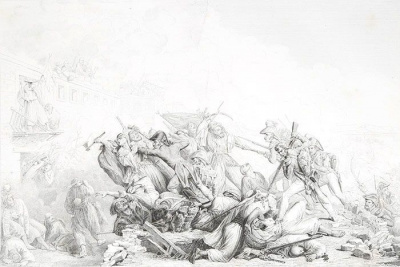 "Combat de Benouth, 8 Mars 1799". Жан-Шарль Ланглуа. Офорт. Франция, начало XIX века