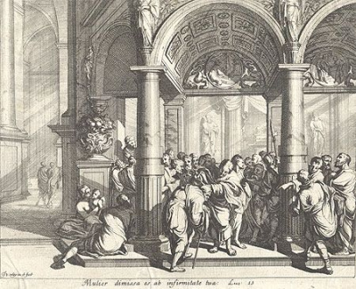 "Mulier dimissa es ab infirmitate tua". Гравюра. Фландрия, конец XVII века
