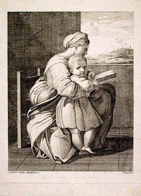 Женщина, читающая ребенку книгу. Гравюра (конец XVIII - начало XIX века)