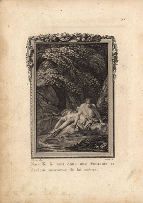 Гравюра Пьер-Франсуа Бэсан Метаморфозы. Холодный и гордый Нарцисс (Наркисс), сын речного бога Кефиса, увидел своё отражение в фонтане (реке) и влюбился в самого себя. Офорт, резцовая гравюра. Франция, Париж, 1767 год