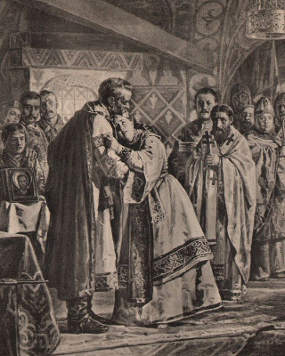 Ярослав Мудрый напутствует дочь свою Анну в замужество французскому королю Генриху I в 1050 г. Гравюра (начало ХХ века), Россия