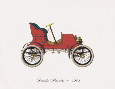 Цветная литография "Автомобиль Franklin Runabout 1902 года". США. Нью-Йорк. 1965 год