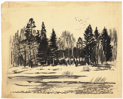 Набросок (рисунок, тушь, бумага). Автор А.А. Ушин. СССР, 1949 год