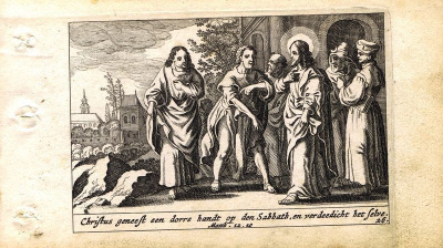Гравюра Питер Схют Новый Завет. Исцеление сухорукого. Резцовая офорт. Нидерланды, Амстердам, 1659 год