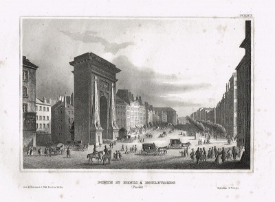 Ворота Сен-Дени в Париже (Porte St.Denis & Boulevards(Paris)). Гравюра, офорт. Германия, середина XIX века