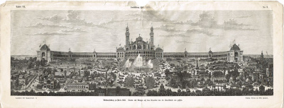Парижская всемирная выставка 1878 года. Здания и площадки на Трокадеро, вид с моста. Гравюра. Германия, 1878 год