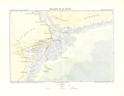 Карта устья реки Волги. Литография. Франция, Париж, 1880 год