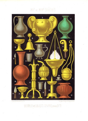 Кухонная утварь и предметы обстановки Франции XII-XIII веков. Хромолитография. Франция, Париж, 1857-1858 год