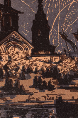 "Пасхальная ночь" ("Пасхальная ночь на Волге"), В. Д. Фалилеев. Линогравюра. Российская империя, начало XX века
